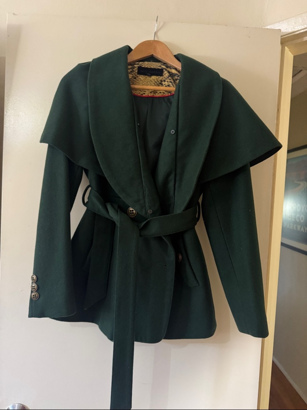 Steve Madden Dark Green Wrap Belted Pea Coat